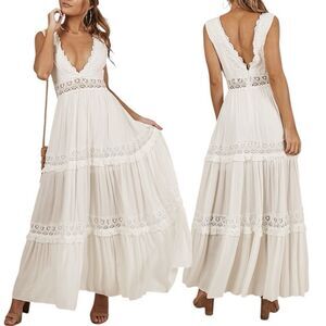 Showpo Thrills and Spills Maxi Dress Size 6 Boho Lace V Neck Gauze Cream Casual